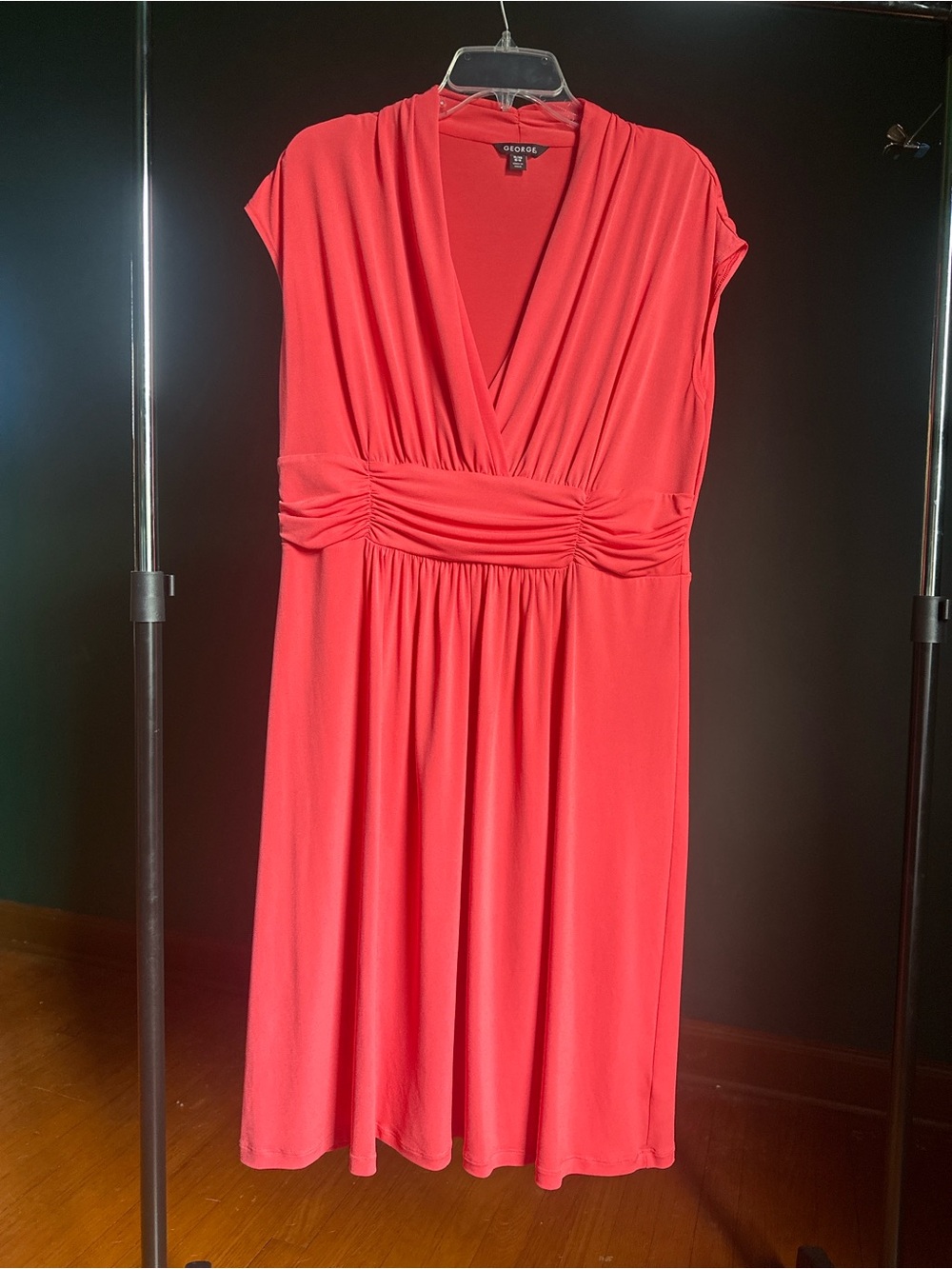 George Coral-Red V-Neck Midi Dress with Ruched Waist